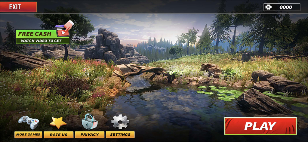 Animal Hunter 3d Hunting Clash - Pantalla del menú principal de Animal Hunter 3d Hunting Clash con un paisaje de naturaleza 3D realista con un río y un botón de reproducción