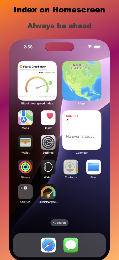 Tela inicial do iPhone exibindo um widget do Índice de Medo e Ganância do Bitcoin