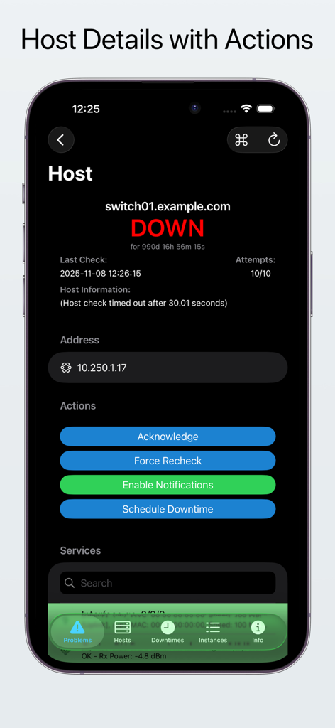 easyNag Monitoring - easyNag Monitoring app showing host details with a down status and action buttons