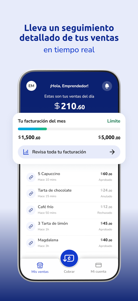 Interfaz de la aplicación móvil Poket que muestra el seguimiento de ventas en tiempo real y el historial de transacciones para emprendedores