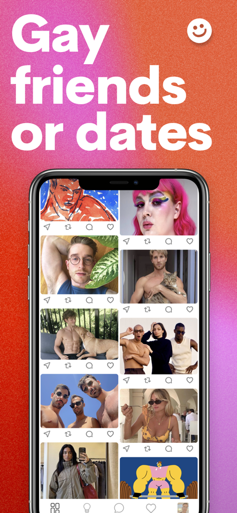 Collective App-Oberfläche mit einem vielfältigen Community-Foto-Feed, um LGBTQ+-Freunde und Dates zu finden.