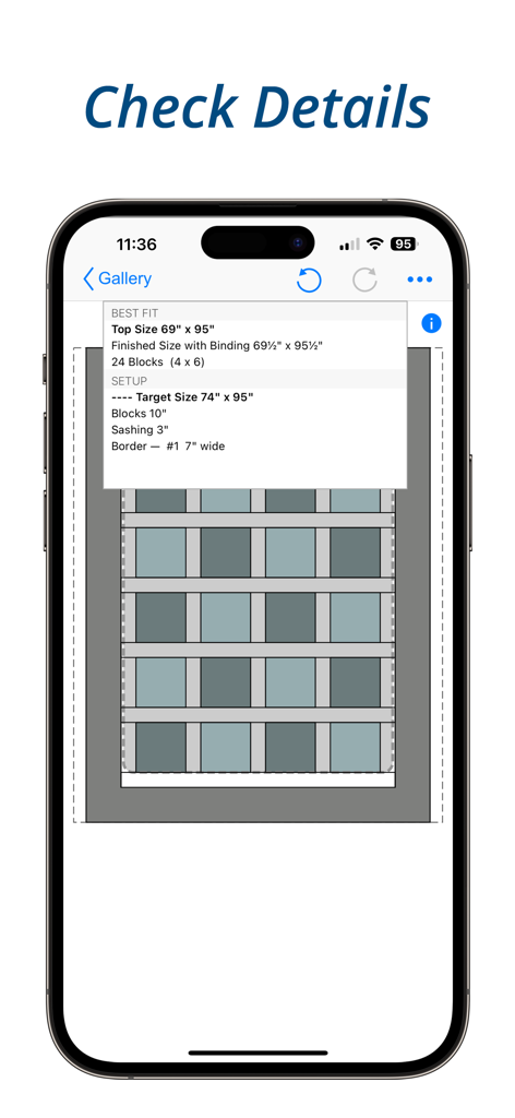 QuiltSize - Mobile screen showing quilt dimensions and block layout details in the QuiltSize app