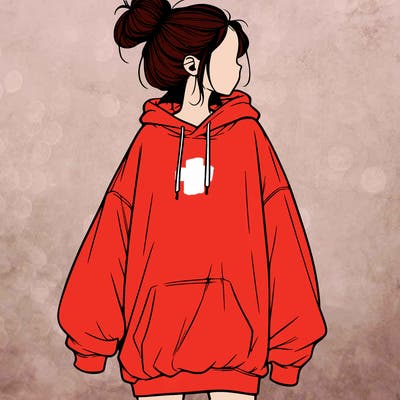 realistic girl with a oversized sweatshirt on and a bun