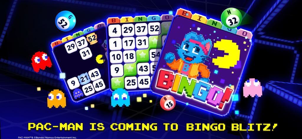 Bingo Blitz™ - BINGO Games - Bingo Blitz Promotionbanner mit PAC-MAN-Charakteren und Bingo-Karten