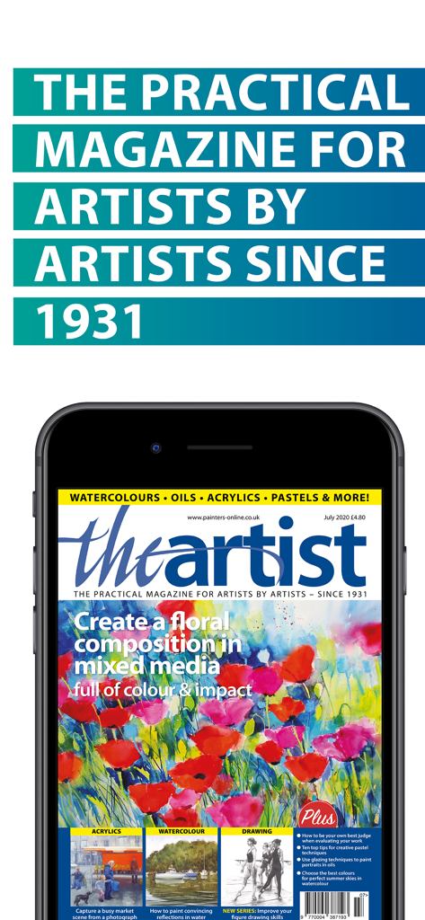 Uno smartphone che mostra un numero digitale di The Artist Magazine con arte mista floreale e tutorial di pittura.