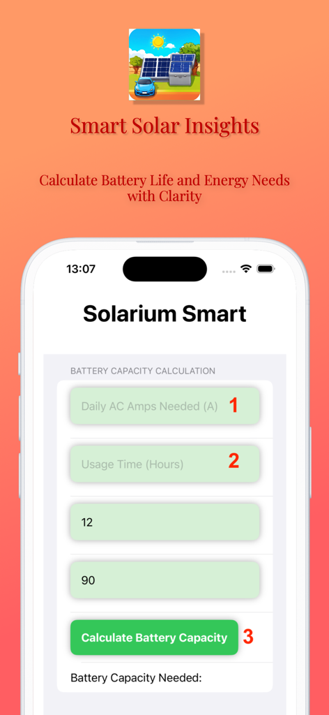 Interface do aplicativo Solarium Smart mostrando a tela de cálculo de capacidade de bateria para gerenciamento de energia solar