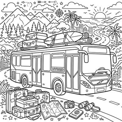 Get ready for an exciting eco-friendly journey with this Hybrid Bus vacation coloring page. This intricate design invites you to color a world of travel and adventure, perfect for all ages.
