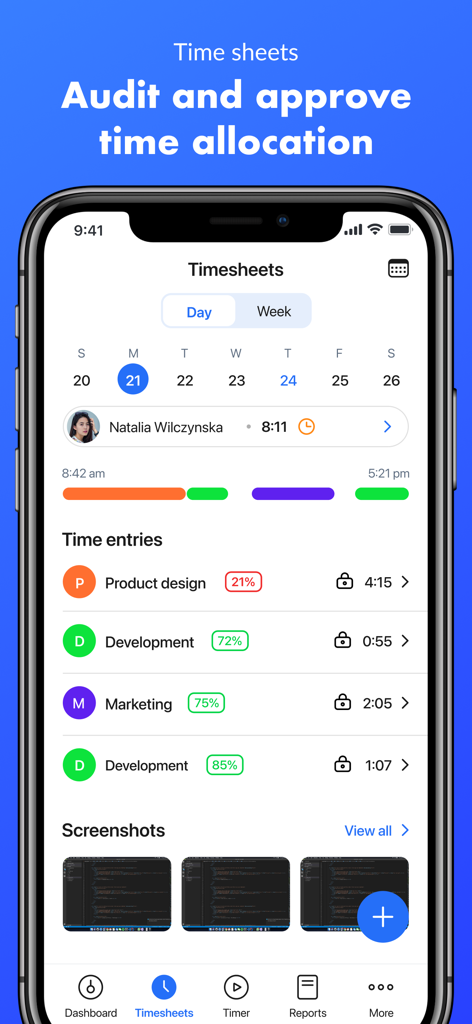 Hubstaff Time Tracker - Interfaz de la aplicación móvil Hubstaff para auditar y aprobar horas de trabajo de los empleados y asignación de tiempo