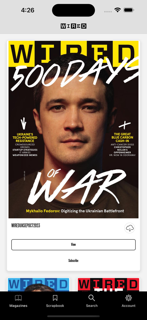 The WIRED Magazine UK mobile app displaying a digital magazine cover about the Ukraine war.