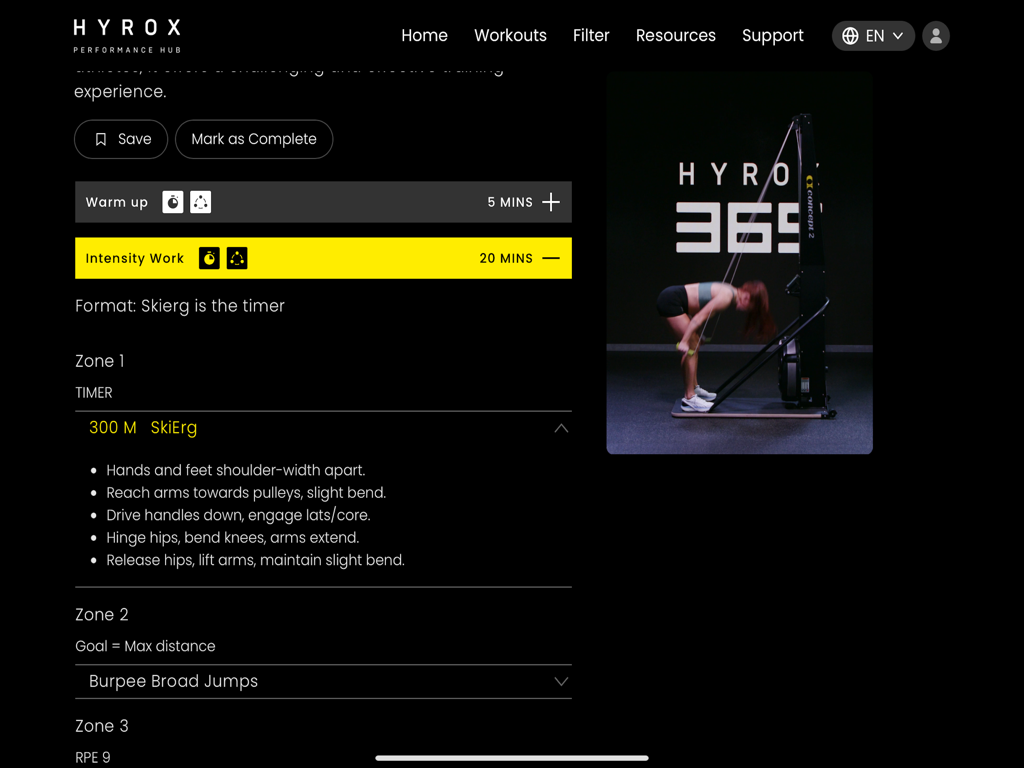 HYROX Performance Hub workout view with exercise instructions and demo