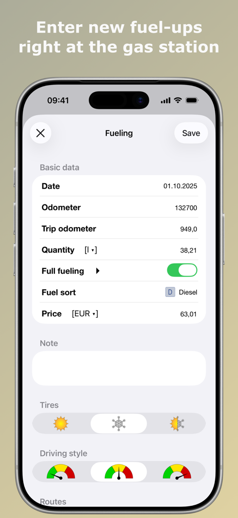 Tela do aplicativo móvel para registrar a quantidade de combustível e os dados do odômetro