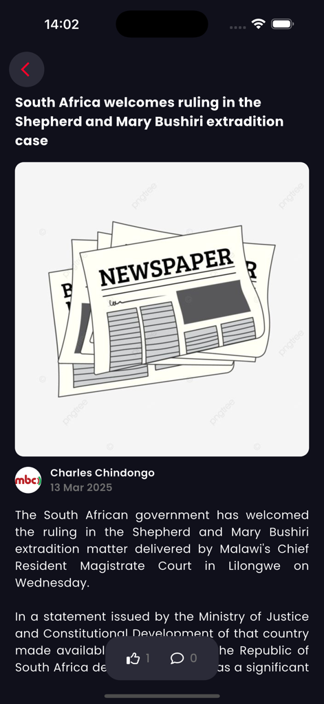 MBC Plus - Interfaz de artículo de noticias en la aplicación MBC Plus que muestra un informe sobre una decisión judicial que involucra a Malawi y Sudáfrica.