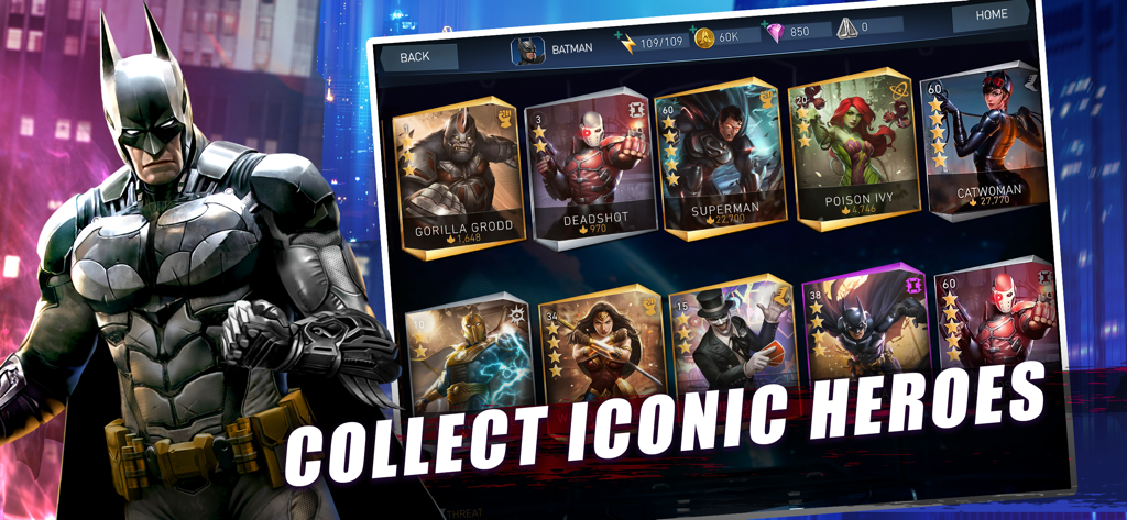 Pantalla del juego móvil Injustice 2 que muestra a Batman y una colección de cartas de personajes de DC