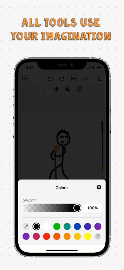 2d animation creator, stickman - Mobile interface of a stickman animation app featuring a vibrant color selection menu