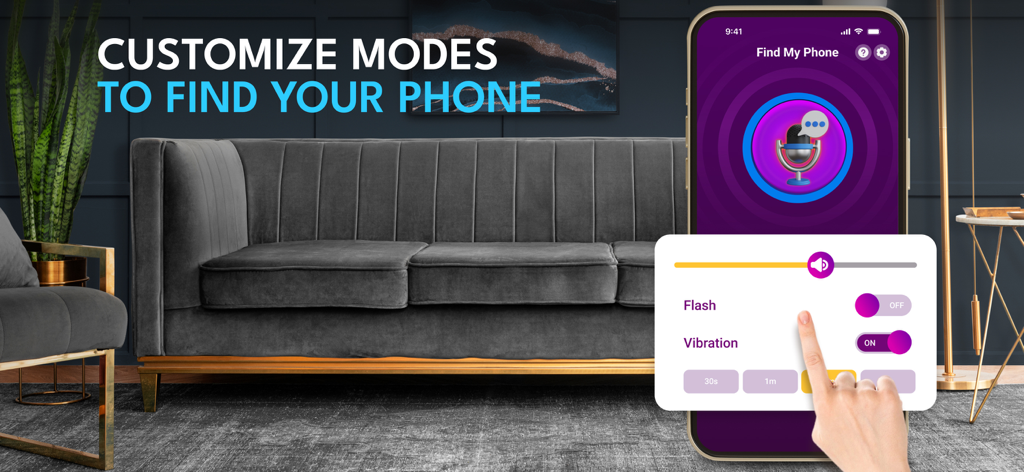 Interfaz para personalizar los modos de búsqueda de teléfono, incluyendo flash y vibración