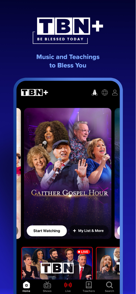 TBN+ Christian Streaming - Pantalla de inicio de la aplicación TBN plus con el Gaither Gospel Hour y programación de televisión cristiana en vivo.