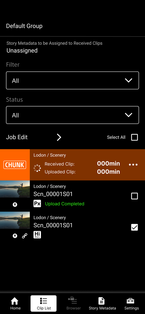 Sony | Creators' App for ENT - Interfaz de lista de clips de Sony Creators App para ENT que muestra el estado de carga de video y la gestión de archivos de alta resolución.