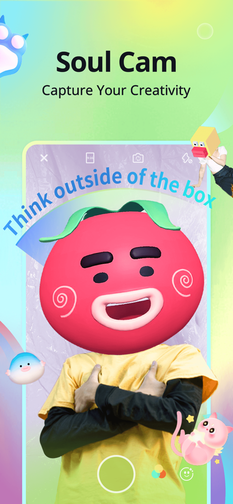Soul-Chat, Match, Party - Soul Cam interface showing a person using a cartoon tomato head filter for creative anonymity