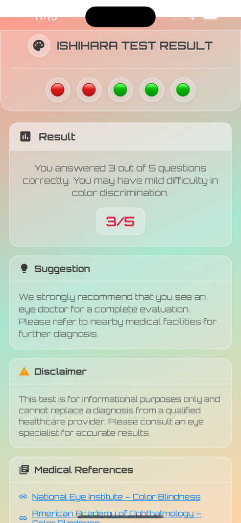 uSagI Eyes Protect - Pantalla de resultados de la prueba de daltonismo de Ishihara que muestra una puntuación y recomendaciones médicas
