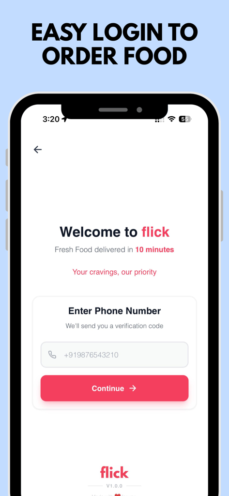 flick - Instant food delivery - Écran de connexion de l'application de livraison de repas flick pour une saisie rapide du numéro de téléphone et une livraison de repas en 10 minutes.