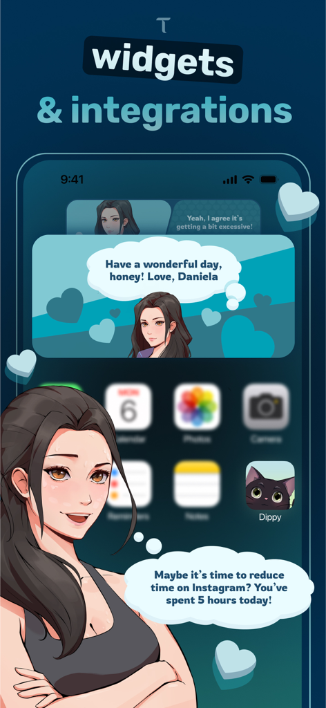 A screenshot showing Dippy AI home screen widgets with an anime character sending supportive messages and screen time reminders.