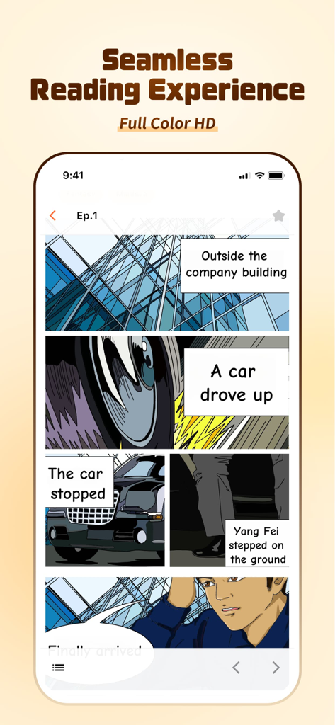 Mobile App-Oberfläche von QToon, die einen vertikal scrollenden Manhwa in voller HD-Farbe zeigt.