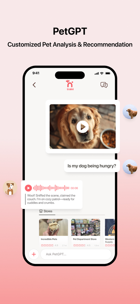 Interfaz de la aplicación Traini que muestra PetGPT para análisis de comportamiento canino y sugerencias de tiendas de mascotas locales
