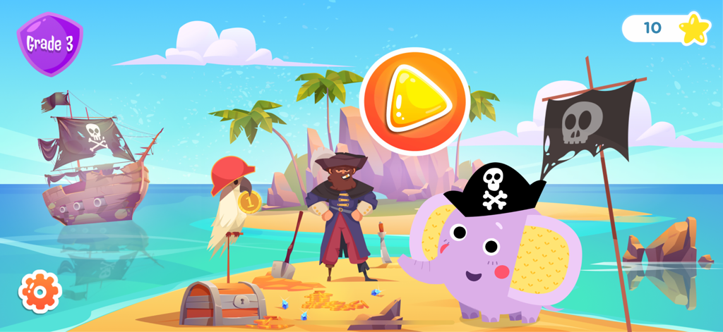 Math Games for Kids: Grade 3 - Grade 3 math games start screen featuring a pirate adventure theme with an elephant and treasure on an island.