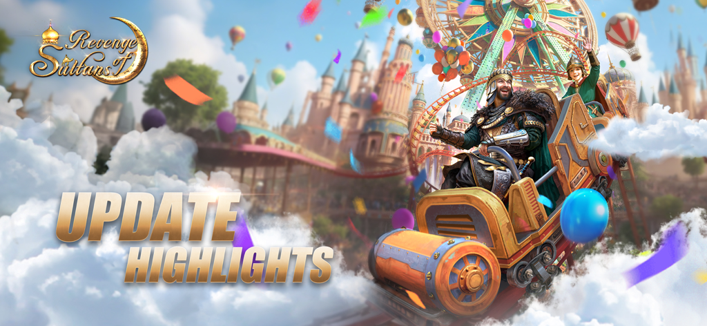 Sultan and child characters on a roller coaster in a theme park above the clouds for Revenge of Sultans update highlights