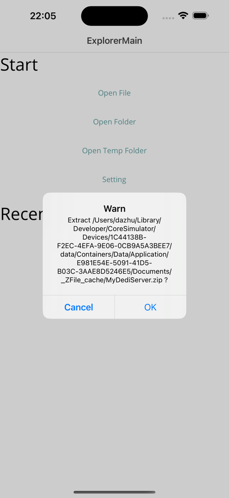 ZFile - Aplicativo ZFile exibindo um prompt de confirmação para extrair um arquivo zip