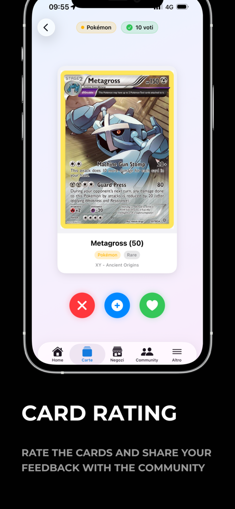 Mobile app screen showing a Pokemon Metagross card with rating and voting buttons in TCG Arena