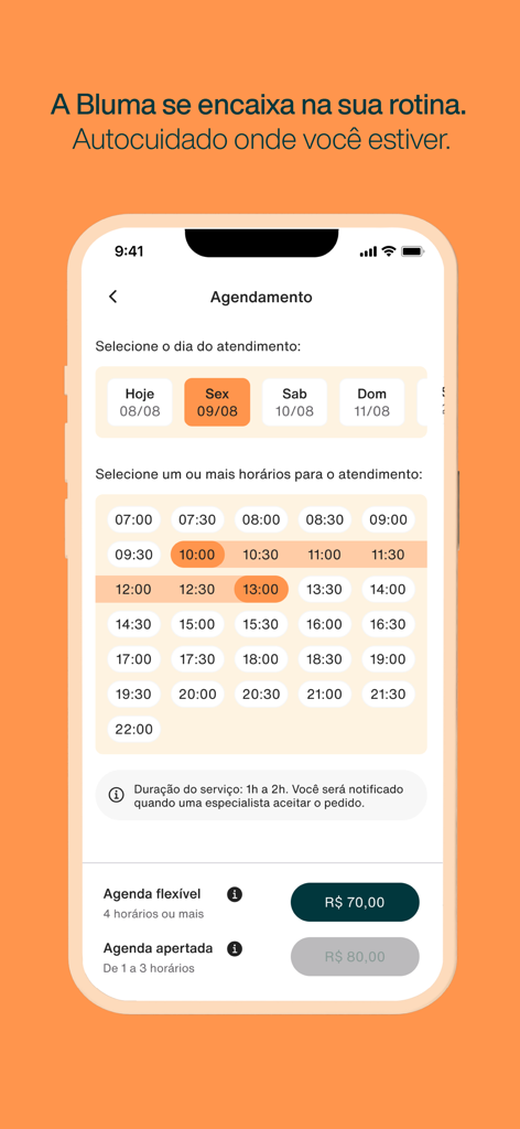 Pantalla de programación de la aplicación Bluma que muestra las fechas y horarios disponibles para servicios de belleza bajo demanda