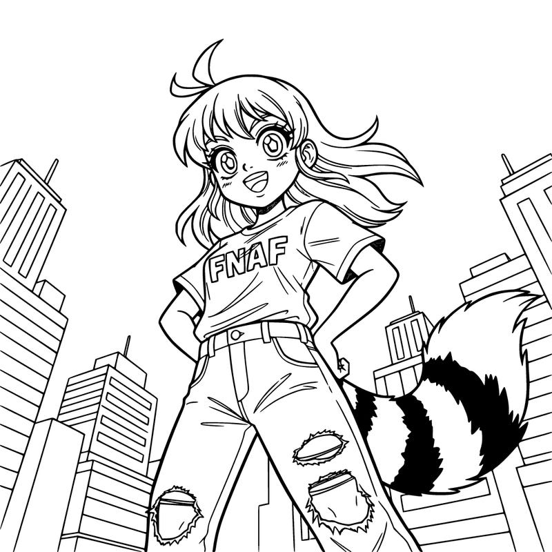 a girl with a shirt that says fnaf with a a fluffy tail with ripped jeans on