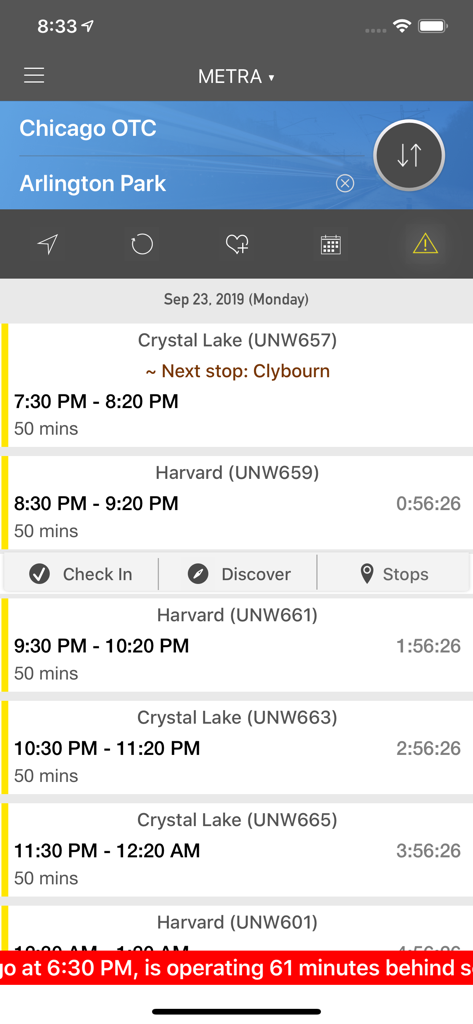onTime Metra, CTA - Screenshot of the onTime app showing Metra train schedules from Chicago OTC to Arlington Park