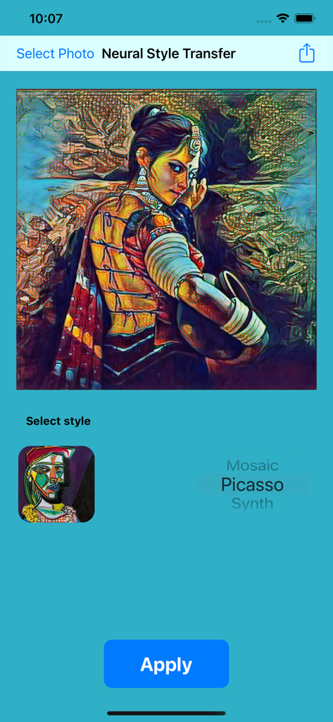 Neural Style Transfer - Neural Style Transfer app interface showing a photo transformed into a Picasso style artwork