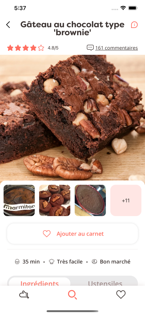 Marmiton app screen showing a chocolate brownie recipe with ratings and user photos