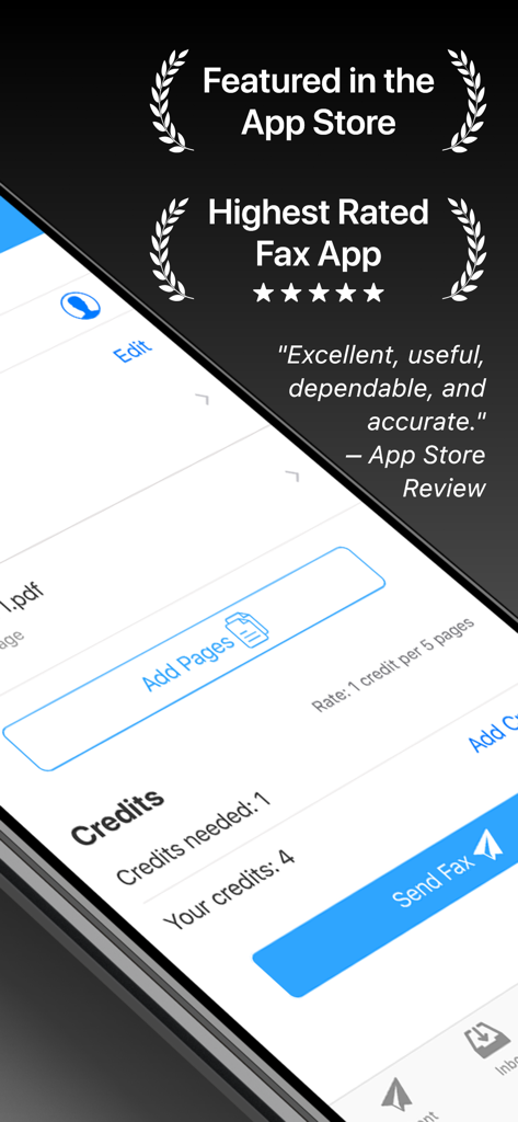 JotNot Fax - Send Receive Fax - JotNot Fax app interface showing high App Store ratings and the fax credit system for sending documents.