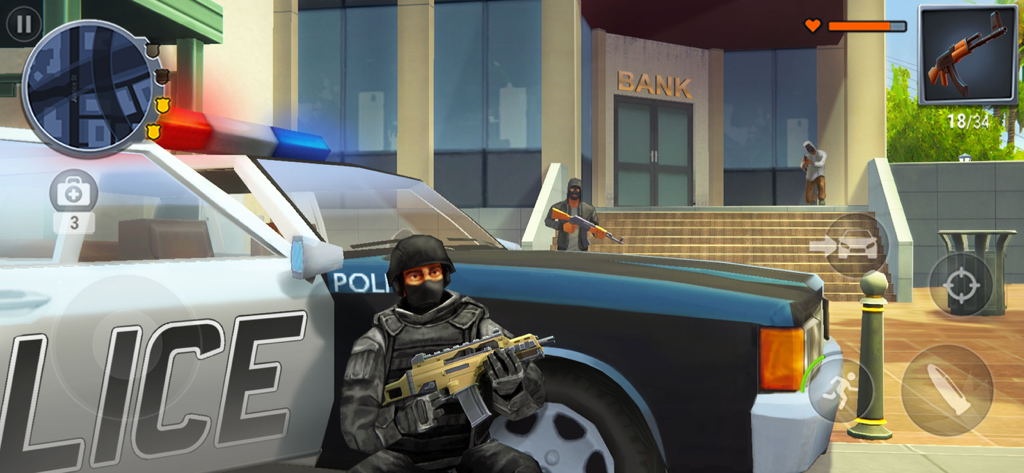 Gangs Town Story: Grand Crime - Action scene from Gangs Town Story showing a police car and bank robbery confrontation