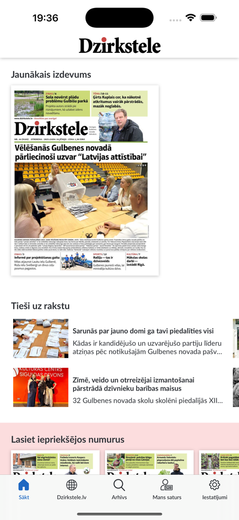 Dzirkstele - Dzirkstele mobile app home screen featuring the latest digital newspaper edition and regional Latvian news
