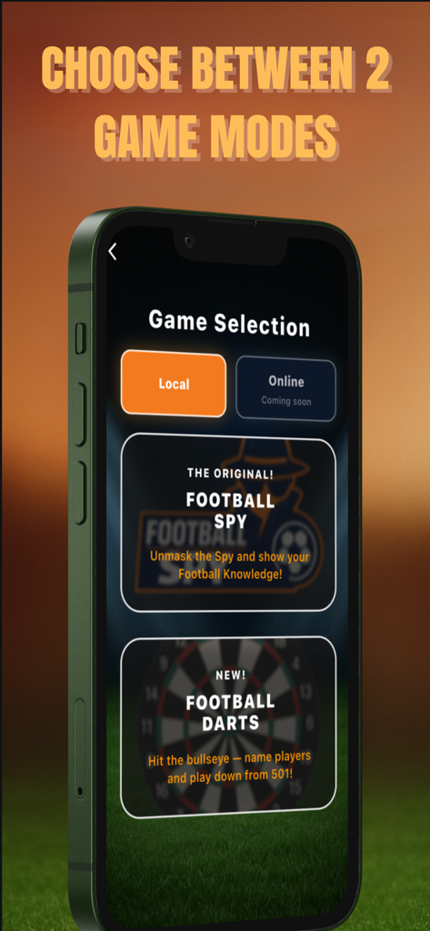 Football Spy app menu showing the selection screen for Football Spy and Football Darts game modes