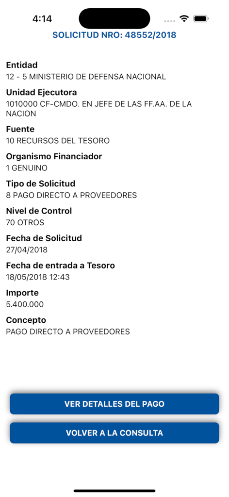 MEF Consultas - Pantalla detallada que muestra una solicitud de transferencia gubernamental con monto y entidad en la aplicación MEF Consultas.