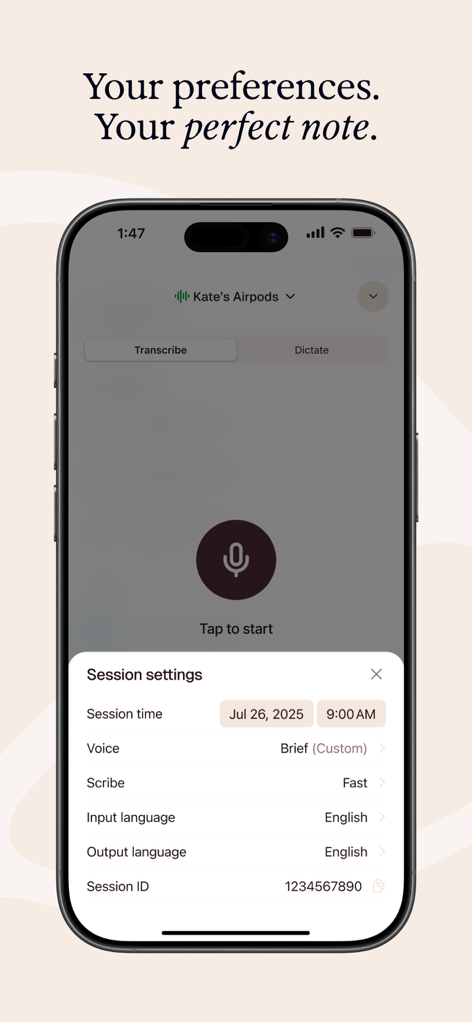 Heidi AI Medical Scribe - Heidi AI Medical Scribe app interface showing session settings for clinical transcription on an iPhone.