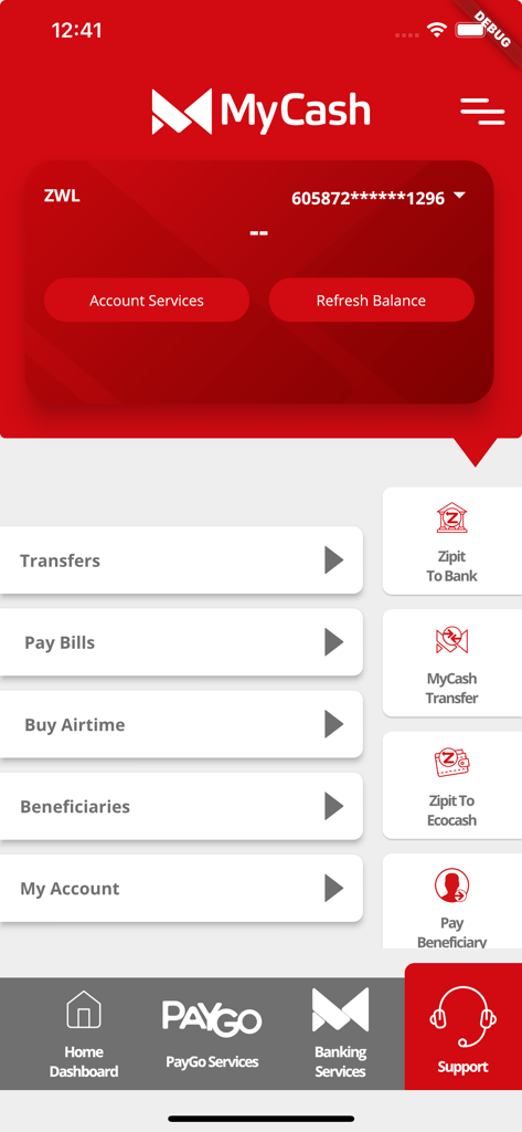 MyCash Mobile  Banking - Dashboard of MyCash mobile banking app showing ZIPIT transfers and bill payment options.