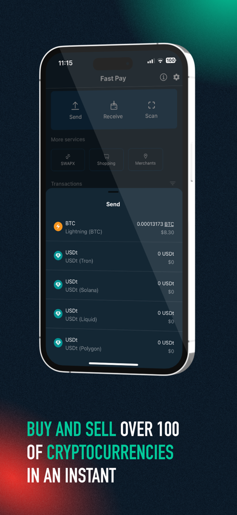 App mobile Bitfinex che mostra l'interfaccia Fast Pay per inviare e ricevere criptovalute