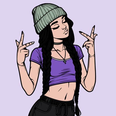 realistic teenage girl with braids and a beanie and crop top doing 🫶🏼