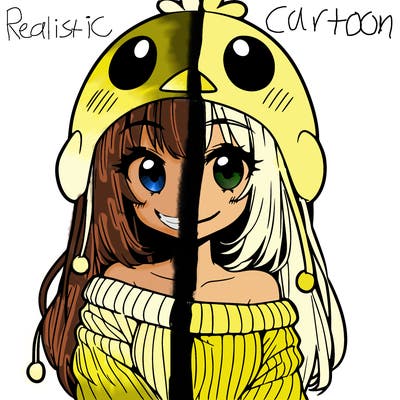 anime girl with chick shaped hat with sweater with bare shoulders with bangs covering them one eye with low tail