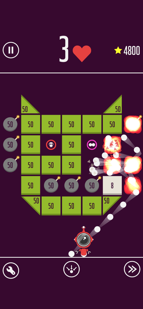 One More Brick - In-game screenshot of One More Brick showing a stream of balls breaking numbered green blocks with explosions