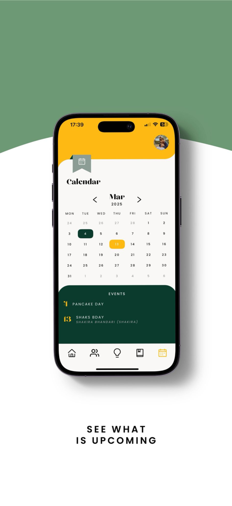 Eventful - The Eventful app calendar interface showing a monthly view for March 2025 with upcoming social events and birthdays listed below.