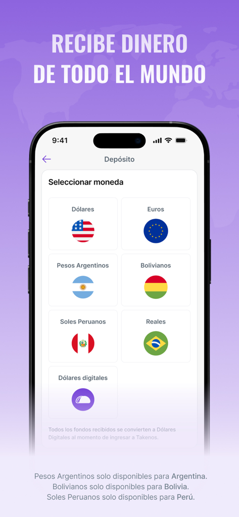 Takenos mobile app screen showing options to receive international payments in multiple currencies like USD and EUR.