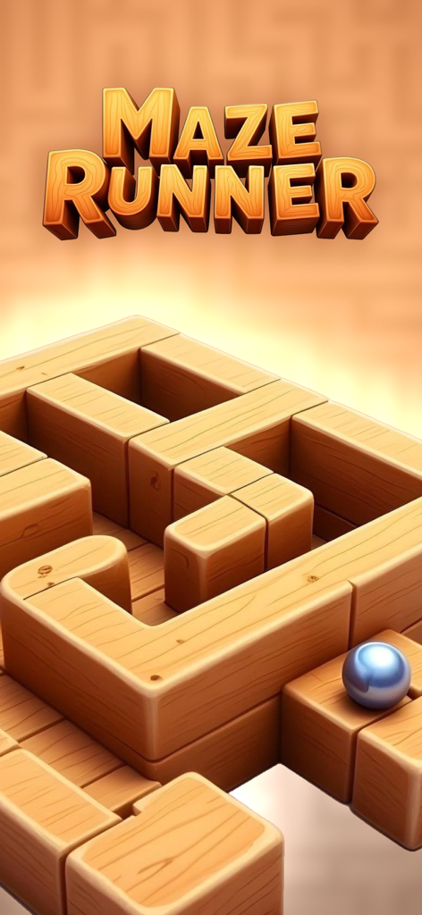 Classic Labyrinth – Maze Games - A 3D wooden labyrinth with a blue metallic ball and the title Maze Runner